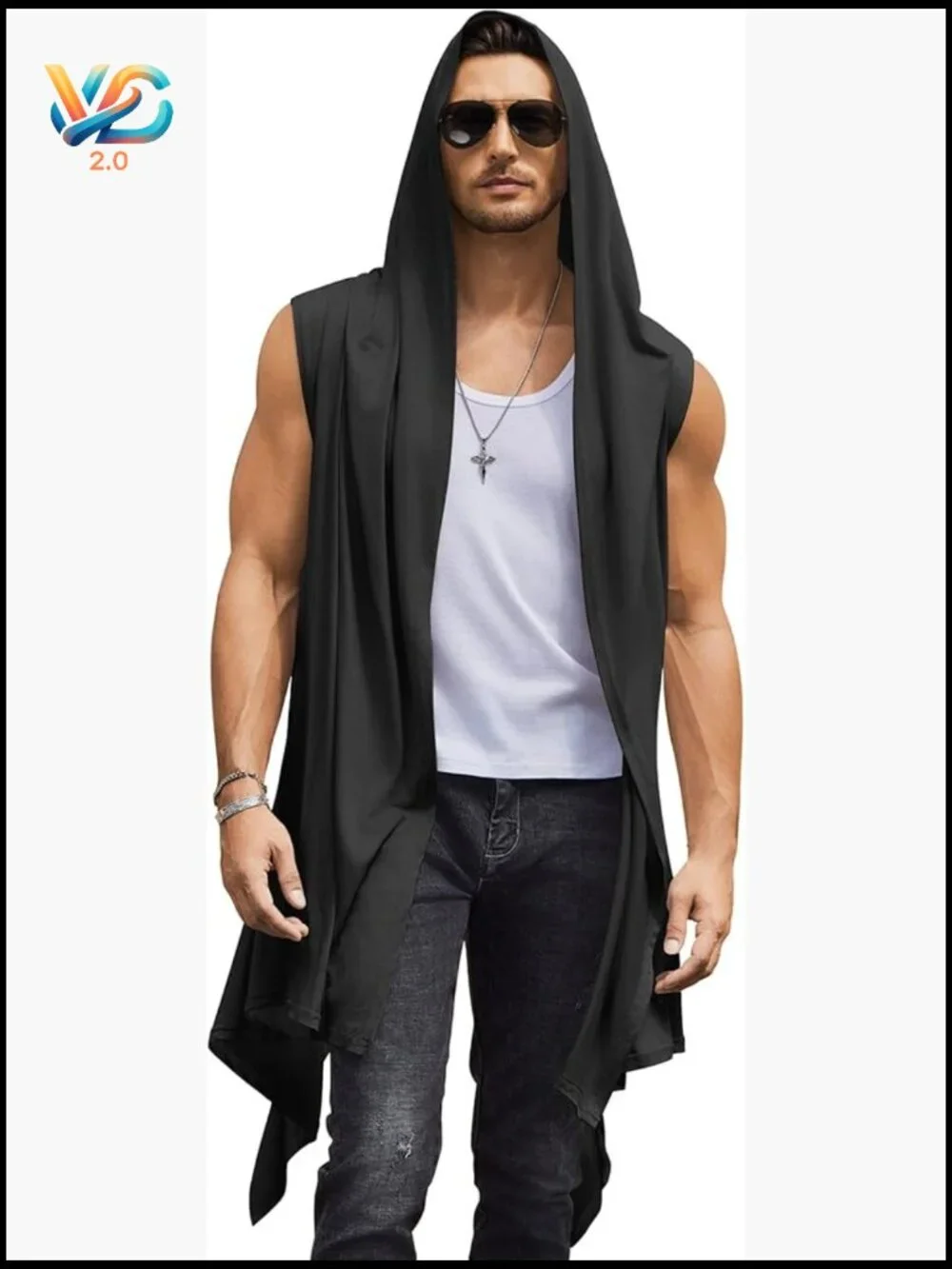 Men's Long Hooded Cardigan Sleeveless Ruffle Shawl Collar Lightweight Open